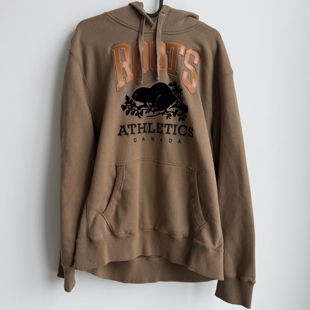 Roots Men's Tan Hoodie with Black Logo